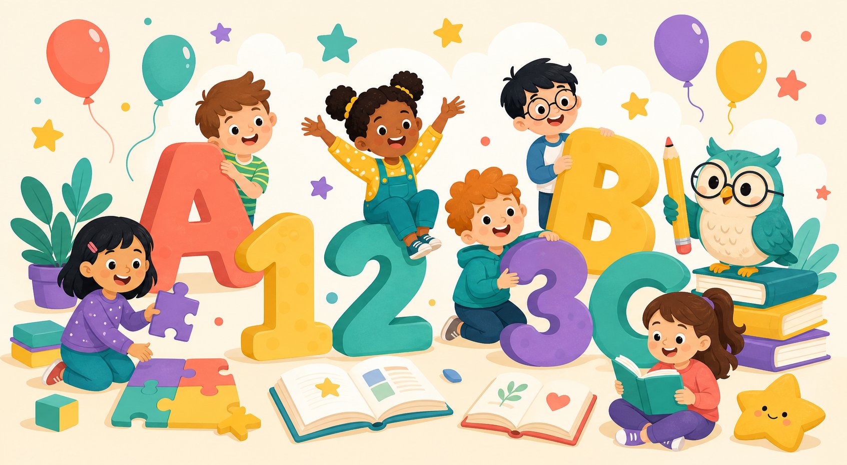 Children learning together with numbers, letters and books